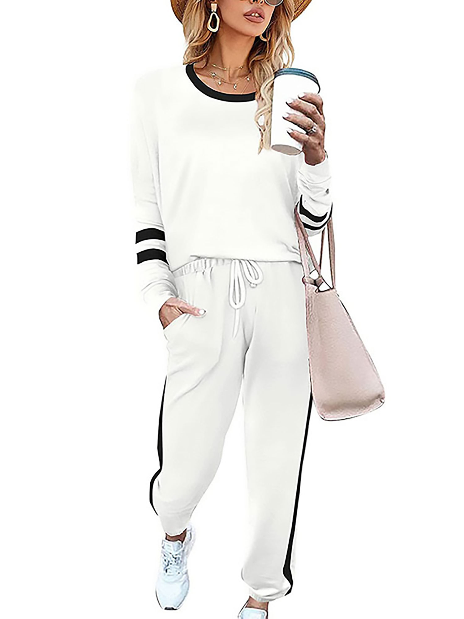 Innerwin Jogger Set Long Sleeve Ladies Sweatsuits Jogging Pullover Loungewear Two Piece Outfit White L