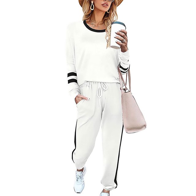 Innerwin Jogger Set Long Sleeve Ladies Sweatsuits Jogging Pullover Loungewear Two Piece Outfit White XL