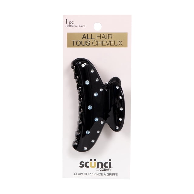 Pince à Griffes Scunci en Strass Noirs avec Strass Bleu Bébé et Argent, Affichée sur Emballage Blanc pour Tous les types de Cheveux, Accessoire Capillaire Idéal pour le Coiffage Quotidien Ou les occasions Spéciales, Convient pour Tirer les Cheveux Entiers Ou à Moitié.