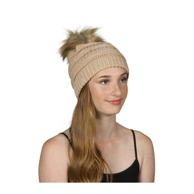 Gravity Threads Cable Knit Faux Fur Pom Pom Beanie Hat, New Beige