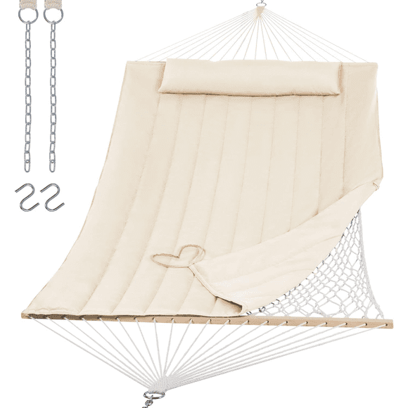 2 Person Hammock with Space Saving Steel Stand, Carry Bag, 450lbs Weight Capacity, Indoor Outdoor for Garden Camping & Beach, Beige