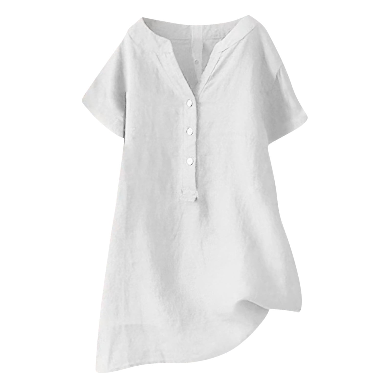 Timegard Womens Cotton Linen Tops Plus Size Notched V Neck Button Short Sleeve Casual Loose Tee Shirts