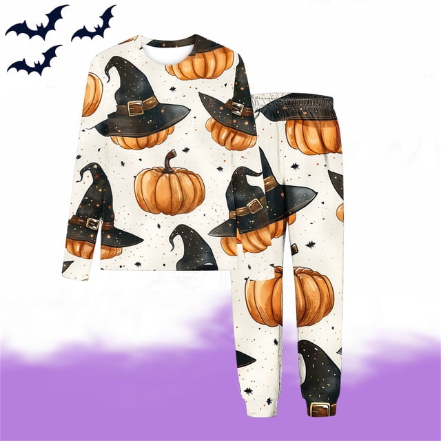MKOSPLRT Filles Garçons Halloween Tenue d'Intérieur 2 Pcs 3-15a Enfants Pyjamas Citrouille Ensembles Chandails à Manches Longues Pantalons de Pyjama Amples Tenues d'Automne