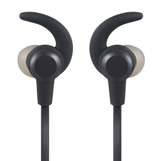 onn. Bluetooth Built-in Mic Wireless In-Ear Earphones shown front-facing with black earbuds featuring curved ear hooks and translucent silicone tips, connected by a flat tangle-free cord, offering 10 hours playtime, IPX4 splash proof rating, and hands-free calling.