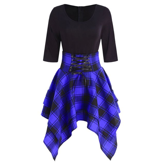 Kcodviy Robe Asymétrique à Lacets Femmes Robes à Manches Courtes Décontractées Imprimé Femmes Décontracté Mini Chic Décontracté Robes pour Femmes Tartan Col Rond à Carreaux Soirée Automne Robes Robe pour Femme