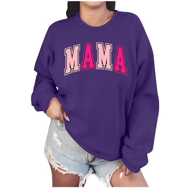 Culottes pour Femmes Chandail Maman Femmes Surdimensionné Paillettes Patch Maman Chandails à Col Rond Maman Imprimé Manches Longues Ample Mode Chandail m Violet