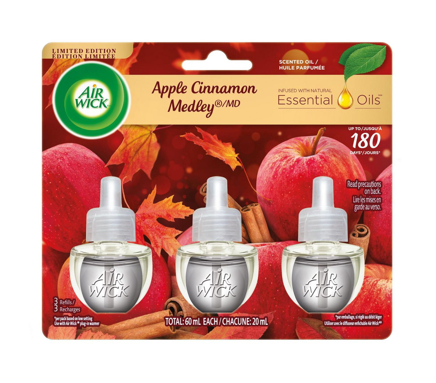 Air Wick Désodorisant d'Air à Brancher, Recharges d'Huile Parfumée, Méli-Mélo Pomme Cannelle, 3 Recharges