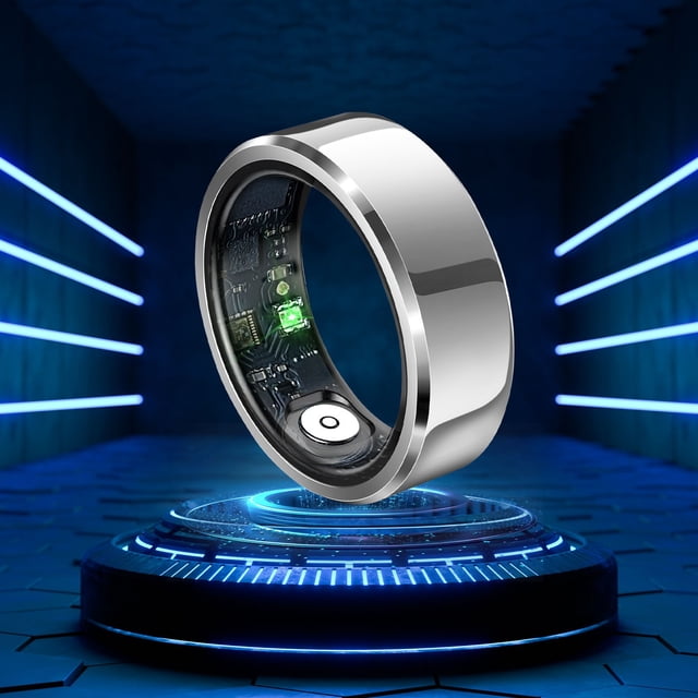 Birdeem Womens Rings Size 8, a smart fitness ring with a stainless steel design and advanced features like sleep monitoring, pedometer, and calorie tracking. The ring includes a green LED sensor and is IP68 water-resistant. It supports Bluetooth 5.1, is compatible with Android and iOS, and has a 5-7 day battery life. Shown in a futuristic blue-lit environment.