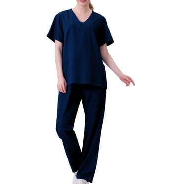 Pisexur Ensemble de Sarraus pour Femmes - Haut de Sarrau Extensible à Col en V à Manches Courtes et Pantalon avec 2 Poches, Ceinture de Yoga, Anti-Froissement, Coupe Ajustée
