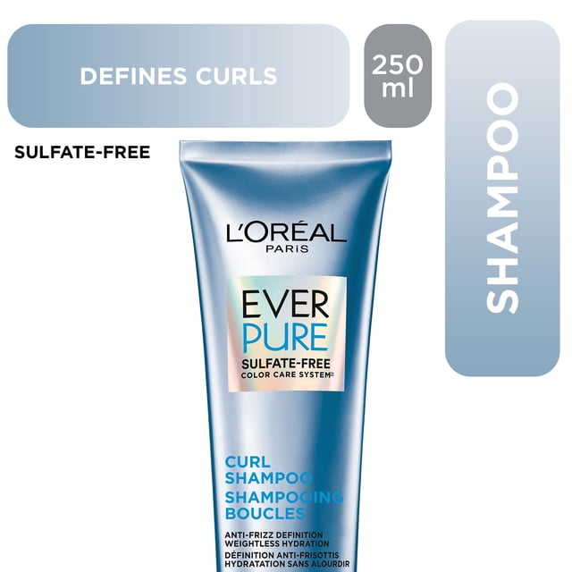 L'Oreal Paris Ever Pure Shampooing pour Boucles Sans Sulfate 250 ml tube Bleu Métallique, Conçu pour Définir les Boucles avec Anti-Frisottis et Hydratation Légère, Sûr pour les Cheveux Colorés et Fait Partie d'Un Système de Soins des Couleurs.