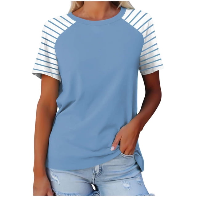 Timegard Hauts pour Femmes à Rayures Manches Courtes Col Rond Confortable Décontracté Ample Haut Blouse T-Shirts Basiques