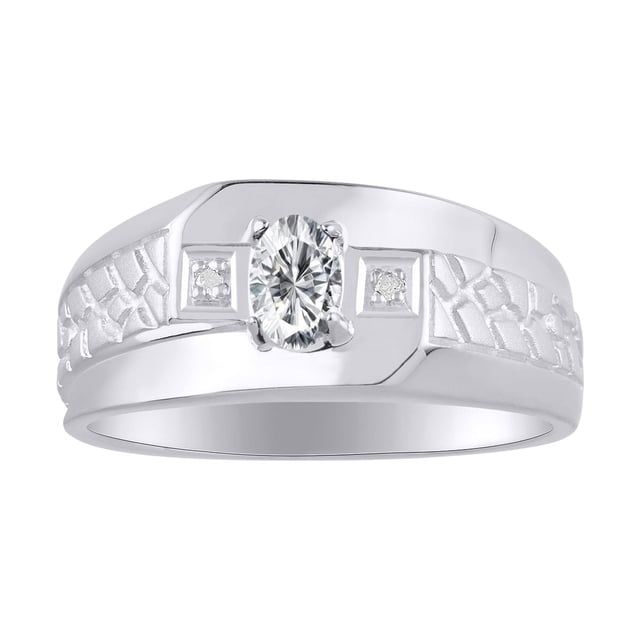 RYLOS Men's Rings 14K White Gold Classic Nugget 6X4MM Oval Gemstone & Diamond Ring White Topaz April Birthstone Rings Size 9