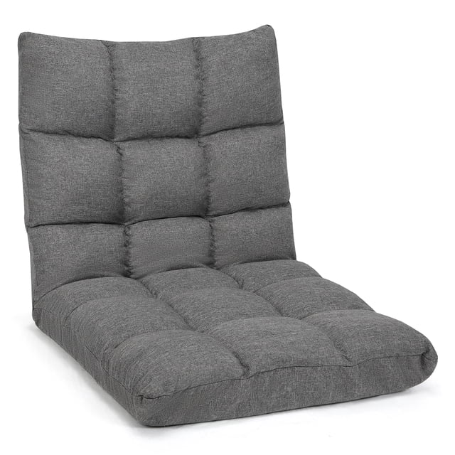 Costway Chaise de Sol Réglable à 14 positions, Chaise Longue de Jeu Paresseuse Pliable en Gris. Cette Chaise Présente un Revêtement en Tissu de Coton et de Lin Capitonné avec un Épais Rembourrage en Éponge pour le Confort. Elle a un Cadre en Acier Robuste, un Dossier Ergonomique et Supporte jusqu'à 264 Lb. la Chaise Peut Être Ajustée à 14 positions et Se Plie à Plat pour un Rangement Facile. Idéale pour le Jeu, la Lecture Ou la Détente dans des Espaces comme le Salon, la Chambre Ou le Bureau.