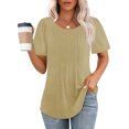 thumbnail image 2 of Hauts d'Été à Manches Courtes Femme Mode 2024 Blouses Plissées Chic Décontractées Col Ras du Cou T-Shirts de Couleur Unie (Moyen, Kaki), 2 of 6