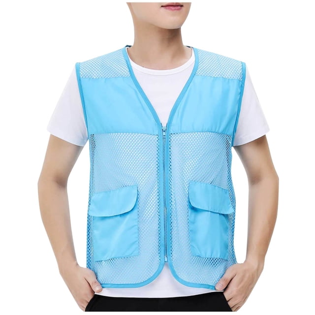 Cameland Plus Size Men Vest Tops Solid-Color Convenient Mesh Outdoor Breathable Zipper Pockets V-Neck Tank Top