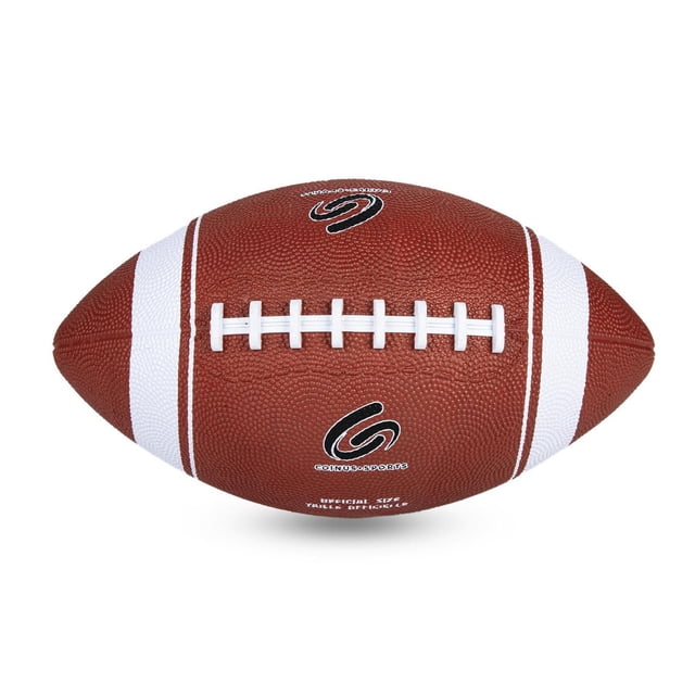 Coinus Sports Jr Football showing a front-facing view of a brown durable rubber football with white laces and two white stripes near the ends, featuring the Coinus Sports logo, ideal for backyard football and skill building.