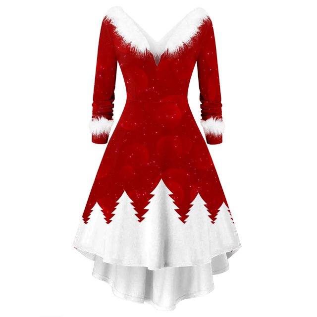 HKEJIAOI Robe Femme Robe Femme Manches Longues Noël Imprimée Duveteuse Col en V Dos Nu Robe Évasée Économies Liquidation Blanc