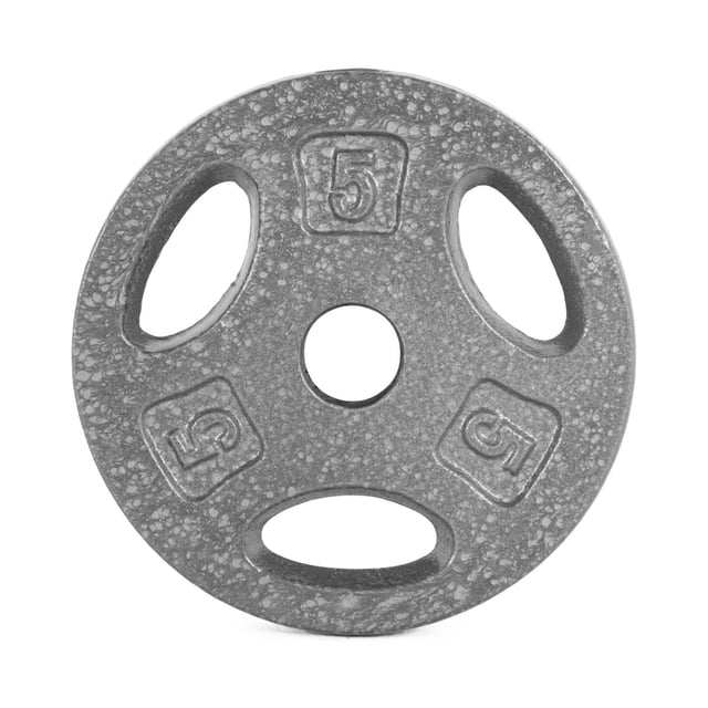 CAP Barbell Standard 1-inch Weight Lifting Grip Plate, 5 lb, Single, Grey, front view of a round cast iron weight plate with a textured grey enamel finish, three oval grip holes, and embossed 5-pound markings, designed for 1-inch bars, ideal for strength training and cardiovascular fitness with easy handling.