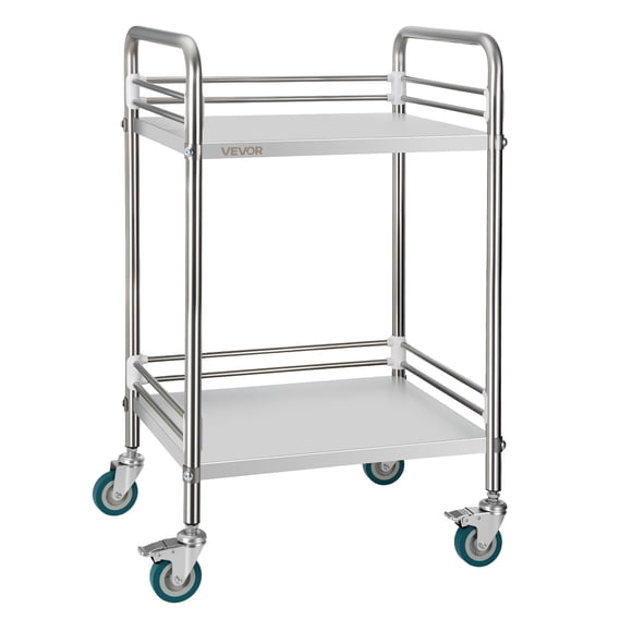 VEVOR Stainless Steel Cart, 2-Tier Rolling Lab Utility Cart with Lockable Wheels, Medical Serving Trolley Clinic Tray, Heavy Duty Mobile Service Storage Tray