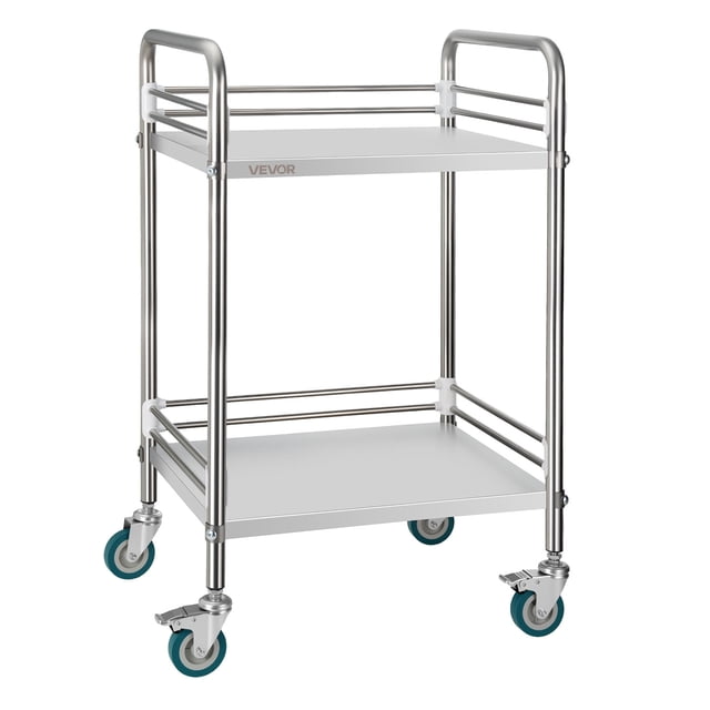 VEVOR Stainless Steel Cart, 2-Tier Rolling Lab Utility Cart with Lockable Wheels, Medical Serving Trolley Clinic Tray, Heavy Duty Mobile Service Storage Tray