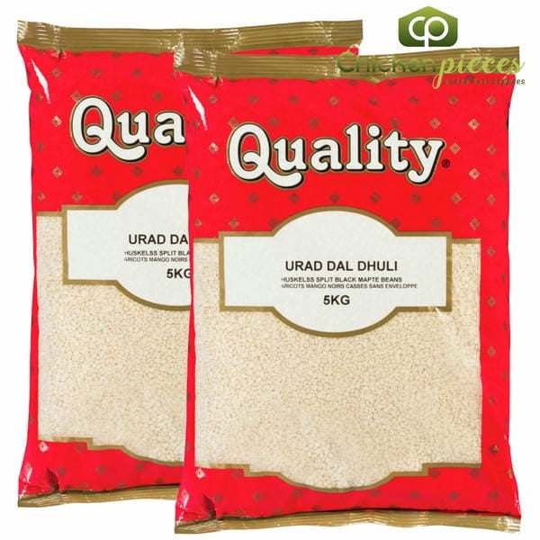 Quality Huskeless Urad Dal Dhuli Beans Quality Bulk Large 5kg/11Lbs. Two red and gold 5kg bags of huskless split black matpe beans, labeled 'Urad Dal Dhuli,' ideal for Indian cooking. Perfect for making creamy dals, idlis, dosas, and vadas.