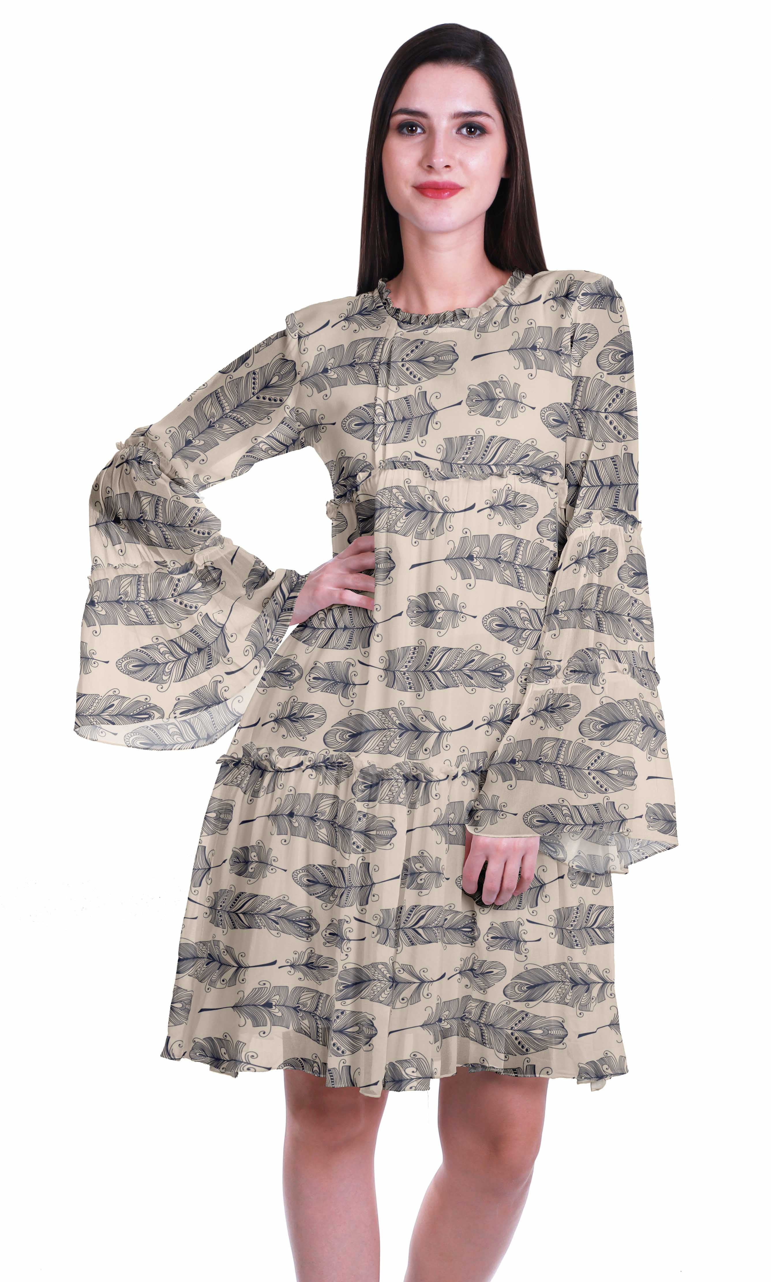 Moomaya Womens Long Sleeve Printed Knee Length Dress Flared Flowy Summer Dress
