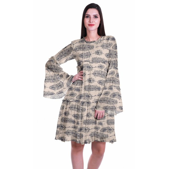 Moomaya Robe d'Été Fluide à Manches Longues Imprimée pour Femmes, Longueur Genou, Évasée