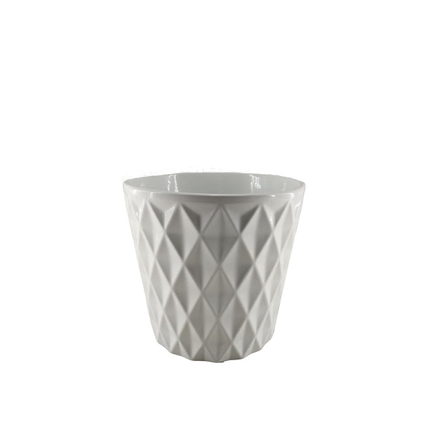 Jardinière en Céramique Géo POT Effilée de 8 Po avec Fini Blanc Lustré et texture Géométrique en Losanges, Forme Ronde Effilée pour Usage Intérieur sur tables Ou Supports de Plantes, Souvent Utilisée comme Siège Supplémentaire dans les Salons