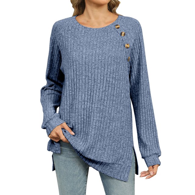 yoeyez Tunique en Tricot pour Femmes, Chandails à Manches Torsadées Patchwork, Col Ras du Cou Raglan, Chemises à Manches Longues, Hauts Mode Automne 2024, Bleu, M
