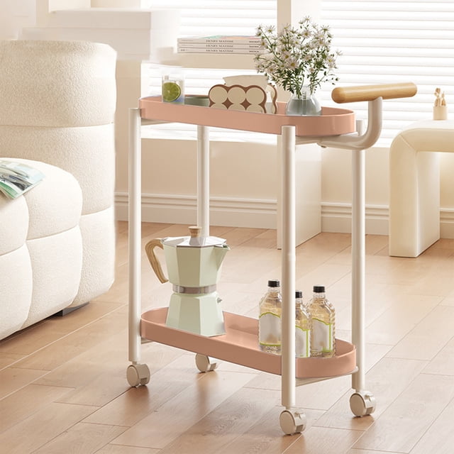 Table d'Appoint Portable à Roulettes Crème, Table de Bout Mobile, Organisateur de Rangement Robuste à 2 Niveaux avec Roues Silencieuses à 360°, Table Gigogne Compacte pour Chambre, Salon et Petits Espaces, Rose