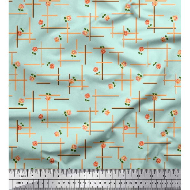 Soimoi Popeline de Coton Verte Tissu Imprimé Floral Labyrinthe et Roses Grandiflora 1 Yard 42 Pouces de Large