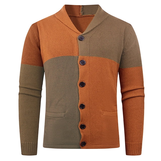 Lovzfmll Men's Color Block Knit Cardigan Notched Lapel Button Front Stretch Orange, XL