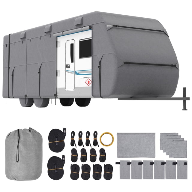 VEVOR Trailer Travel RV Cover designed for 22-24 ft Class A campers, made of durable non-woven fabric with a 4-layer top and 3-layer sides. The cover features a zippered door for easy access, reflective safety strips, and a windproof design with multiple straps and buckles. Includes accessories such as tire covers, sponge drainage covers, a storage bag, repair patch, and double-sided tape. Shown in a grey finish, fully covering an RV with visible straps and ventilation ports.