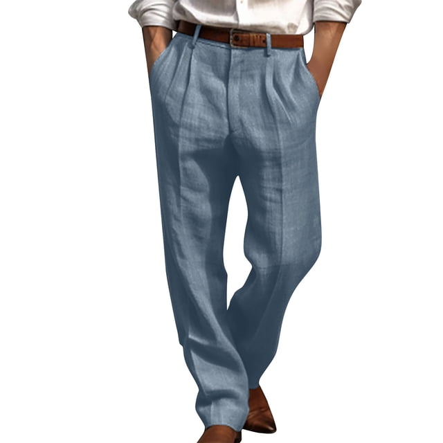 Ketyyh-chn99 Mens Cotton Linen Drawstring Pants Mens Cotton Pants Trousers Straight Suit Pants Solid Color Office Pants Light Pants Size for L,Light Blue