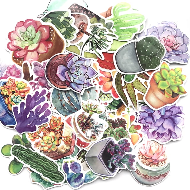 71PCS Luggage Sticker Cartoon Plant Suitcase Decal Car Sticker Graffiti Sticker set featuring 71 multicolour PVC plastic stickers with creative cartoon plant designs. Each sticker measures 5-10cm (1.97-3.94in) in length and is waterproof, removable, and suitable for decorating flat and smooth surfaces like suitcases, guitars, skateboards, bookshelves, and cars. The assortment includes vibrant illustrations of succulents, cacti, and potted plants.