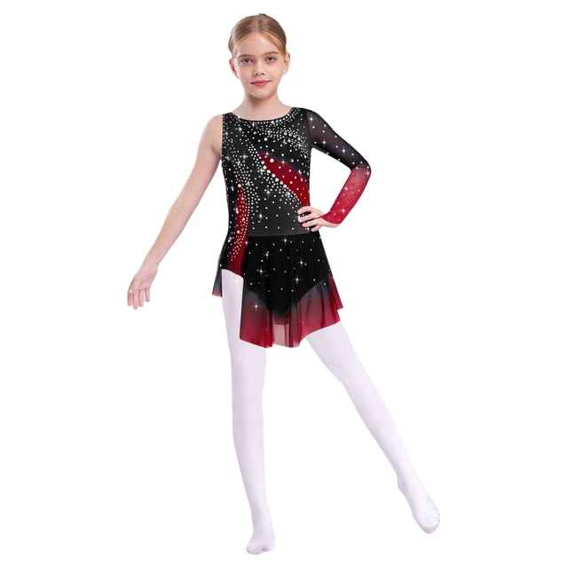 Freebily Robe de Danse Ballet Patinage à Manches Longues pour Filles avec Strass et Blocs de Couleur Bourgogne 8