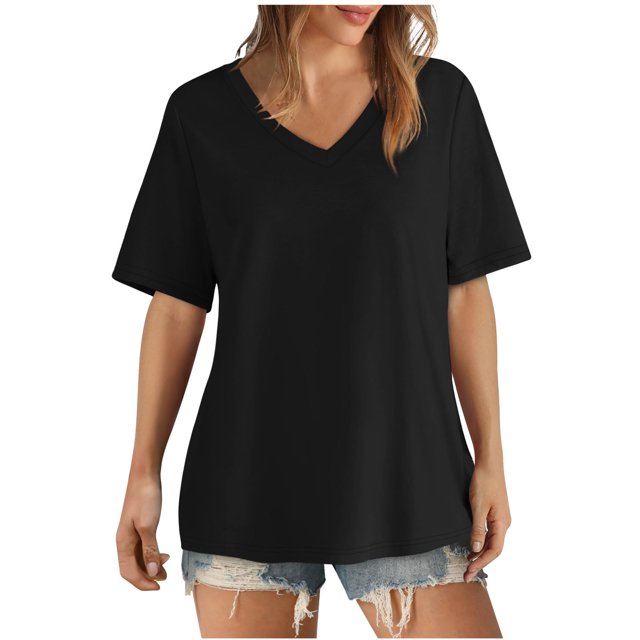 AherBiu Womens Summer Tops Basic V Neck Loose Casual Short Sleeve Solid Color Comfy Daily Tshirts