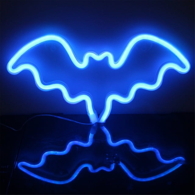 HHBEAUTY LED Neon Bat Lights Blue, Bat Shape Neon Signs Night Lights Battery Operated Desk Table Lamp for Bedroom, Bar, Wall, Halloween Decor-Bat (Blue)