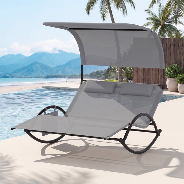 Gymax Outdoor Double Chaise Rocker Rocking Daybed Sun Lounger w/ Sun Shade Canopy