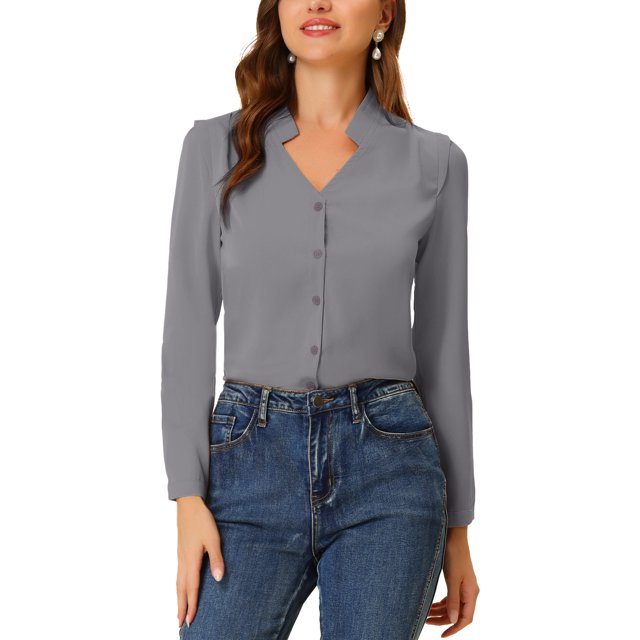 INSPIRE CHIC Chemise Élégante à Manches Longues Col en V pour Femmes, Gris