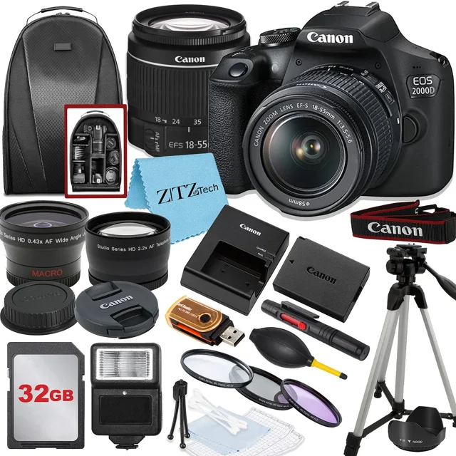 Canon EOS 2000D / Rebel T7 DSLR Camera with 18-55mm Lens, 32GB Memory, Tripod, Backpack and ZeeTech Bundle