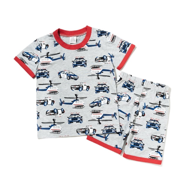 Tenue d'Été pour Petit Garçon, Ensemble T-Shirt à Col Rond Imprimé Voiture et Short, Pyjama Garçon 5T