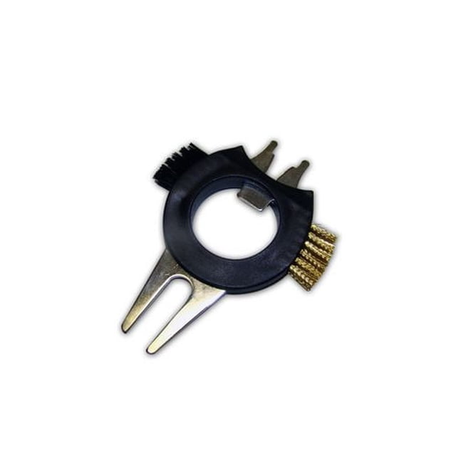 Tour Mission Outil de Golf 7 en 1, No 12002, Doté d'Une Poignée Circulaire Ergonomique Noire avec Brosses Intégrées en nylon et Laiton, Réparateur de divot en Métal, Nettoyeur de Pointes, Clé et Ouvre-Bouteille pour le Nettoyage Polyvalent de l'Équipement de Golf et la Réparation des Verts, Convient Aussi à l'Utilisation en clubhouse.
