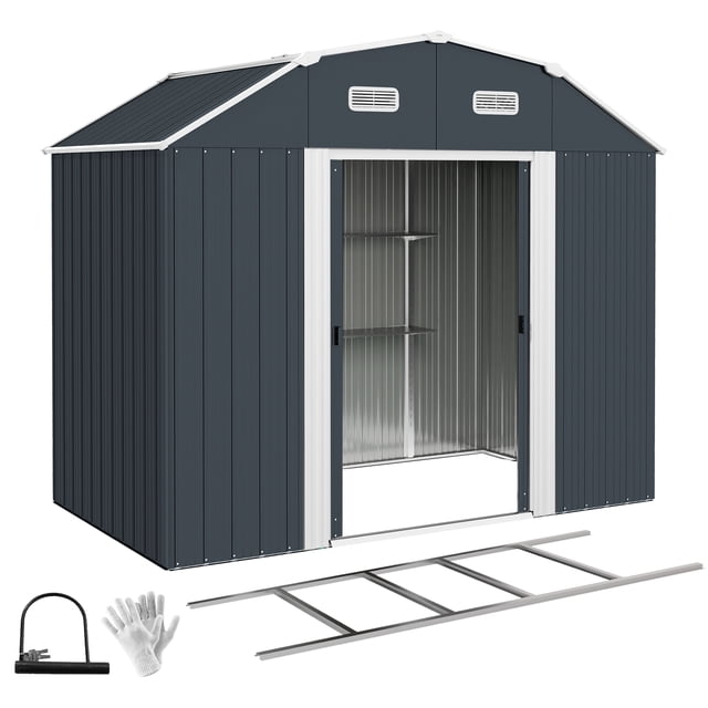 Outsunny Remise de Rangement Extérieure en Métal 8 Pieds x 4 Pieds avec Tablettes Ajustables, Illustrée en Gris Foncé avec un Cadre en Acier Galvanisé. Comprend Deux Portes Coulissantes, Deux Fenêtres de ventilation et un Toit Arqué pour Prévenir l'Accumulation d'Eau. l'Intérieur Comprend des Tablettes Ajustables pour un Rangement Polyvalent. des Accessoires comme une Trousse de Fondation et des Gants d'Installation Sont Inclus. la Remise Mesure 93,7 Pouces de Large, 52 Pouces de Profondeur et 78,1 Pouces de Hauteur.