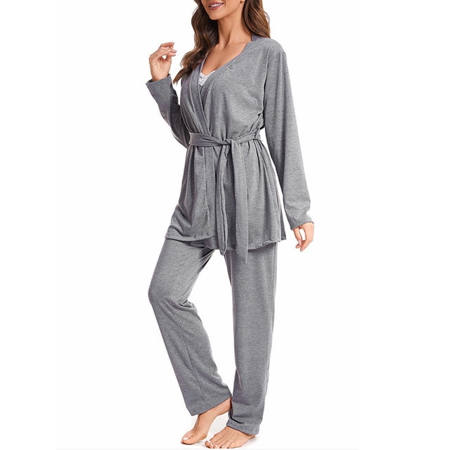 SUNSIOM Women's Fall Loungewear Set in grey, featuring a 3-piece design with lace patchwork cami top, elastic waist pants, and a long-sleeve robe with a belt. Made of 94% polyester and 6% spandex, this breathable and soft sleepwear set is ideal for lounging or sleeping. The adjustable strap cami top and loose-fit pants provide comfort, while the robe adds elegance.