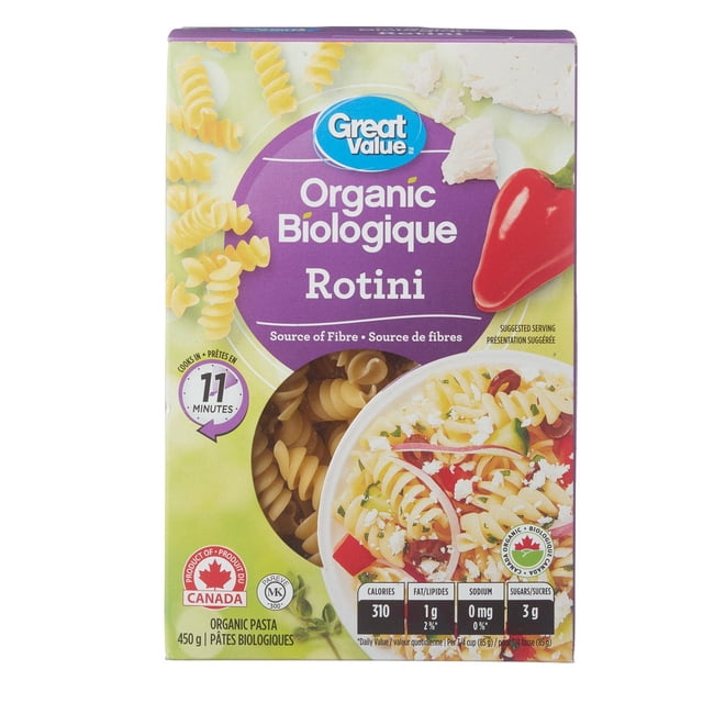 Great Value Pâtes Rotini Sèches Biologiques dans une Boîte de 450 g avec Fenêtre Transparente Montrant des Rotini en Spirale. Certifié Biologique Canadien et source de Fibres, Ce Rotini Cuit en 11 minutes. l'Emballage Comprend des Informations Nutritives et une suggestion de Portion avec Salade de Pâtes Rotini Comprenant des Légumes et du Fromage, Convient aux Catégories d'Aliments de Garde-Manger et de Pâtes Sèches.