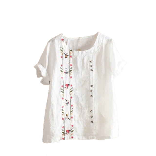 Dealovy Cotton Linen Tops for Women Crew Neck Short Sleeve Floral Embroidered T-Shirts Plus Size Tees. The image shows a white short-sleeve top with a crew neck, featuring delicate floral embroidery along the front vertical panel and decorative buttons. Made from a breathable cotton-linen blend, this top is designed for comfort and style, suitable for casual or semi-formal occasions. The relaxed fit and lightweight fabric make it ideal for warm weather.