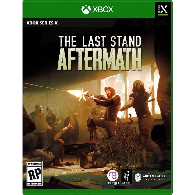 The Last Stand: Aftermath Couverture de Jeu Xbox Series X Montrant un Survivant Tirant un Fusil à l'Intérieur d'Une Pièce aux Fenêtres Brisées avec des zombies s'Approchant, Illustrant la Survie Tendue Post-Apocalyptique du Jeu et le Cadre d'Action Voleur-Lite.