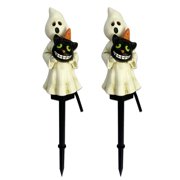 Meitianfacai Outdoor Halloween Decorations 2PCS Solar Light Stake Garden Ghost Pumpkin Statue Outdoor Waterproof Lights Stake Halloween Landscape Garden Patio Tomb Decoration Props