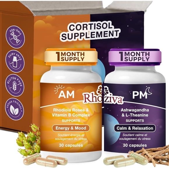 Rhoziva AM PM Rhodiola Rosea 200 Mg Supplément d'Ashwagandha L-Théanine – Soutien du Cortisol, Équilibre de l'Humeur et de l'Énergie pour Hommes et Femmes, Aide Apaisante au Sommeil avec Vitamine B6 B12, Fabriqué au Canada, 60 Capsules
